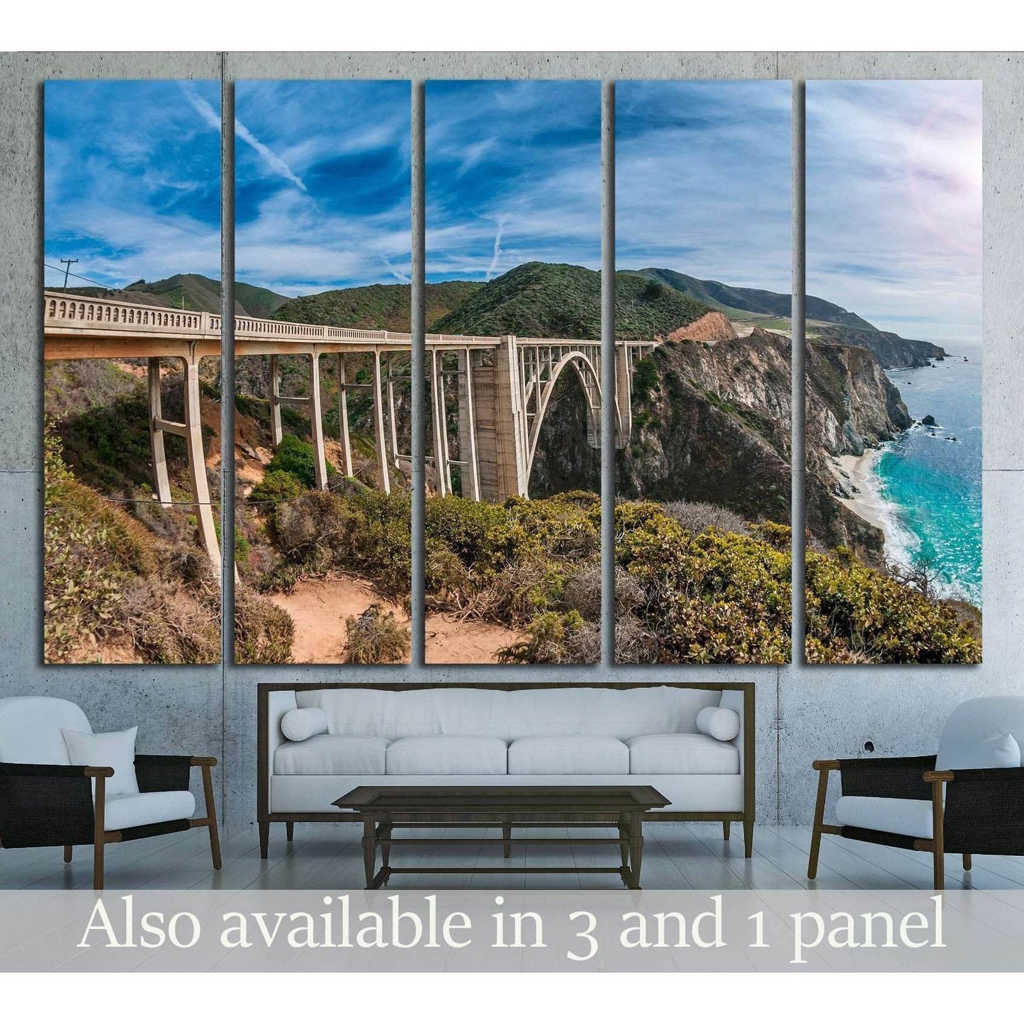 Big Sur's Bixby Bridge Wall Decor - Majestic Pacific Ocean View ArtworkThis canvas print features the iconic Bixby Creek Bridge on California's Big Sur coast, renowned for its stunning architectural beauty and the breathtaking scenery surrounding it. The