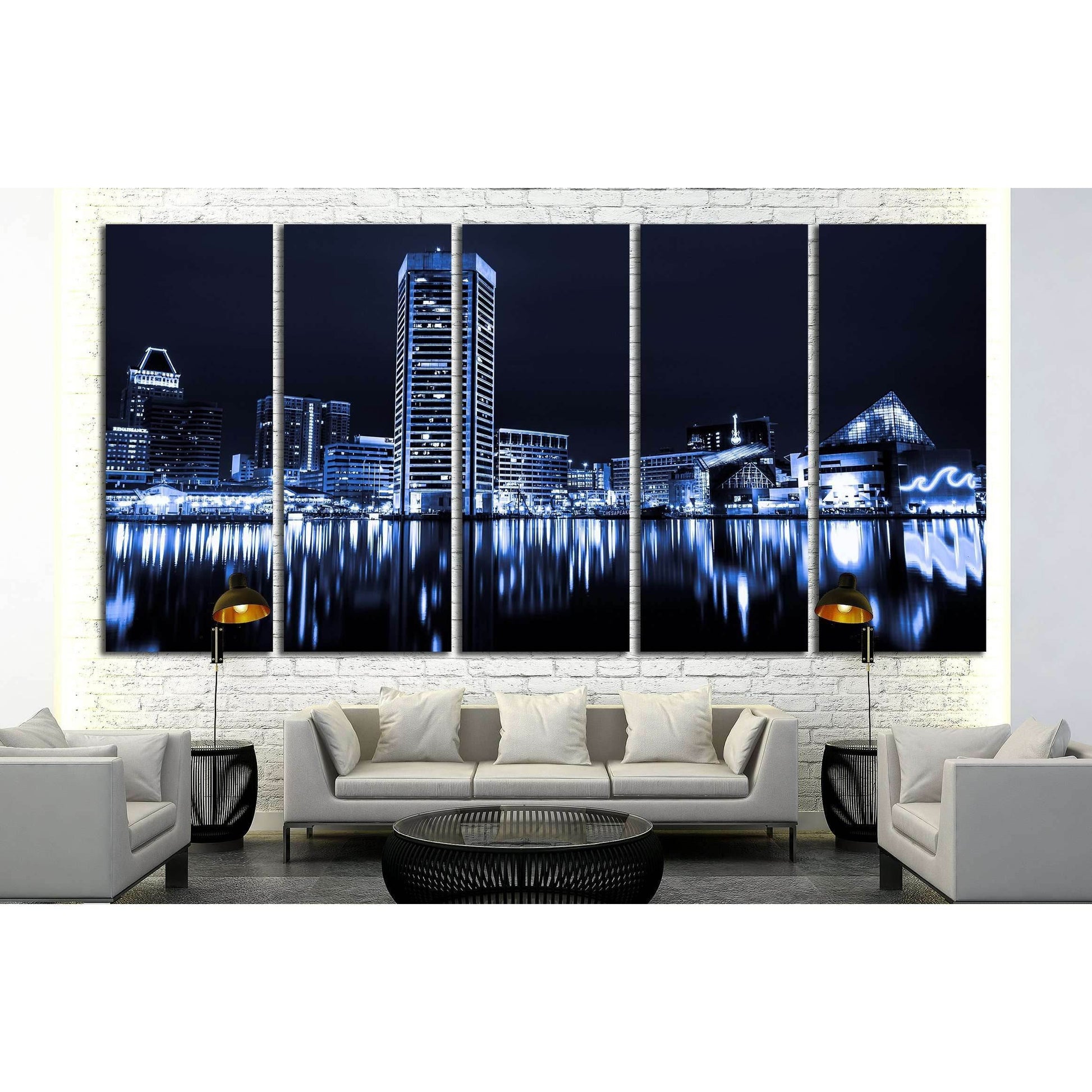 Black and white image of the Baltimore Inner Harbor Skyline at night №2151 Ready to Hang Canvas PrintCanvas art arrives ready to hang, with hanging accessories included and no additional framing required. Every canvas print is hand-crafted, made on-demand