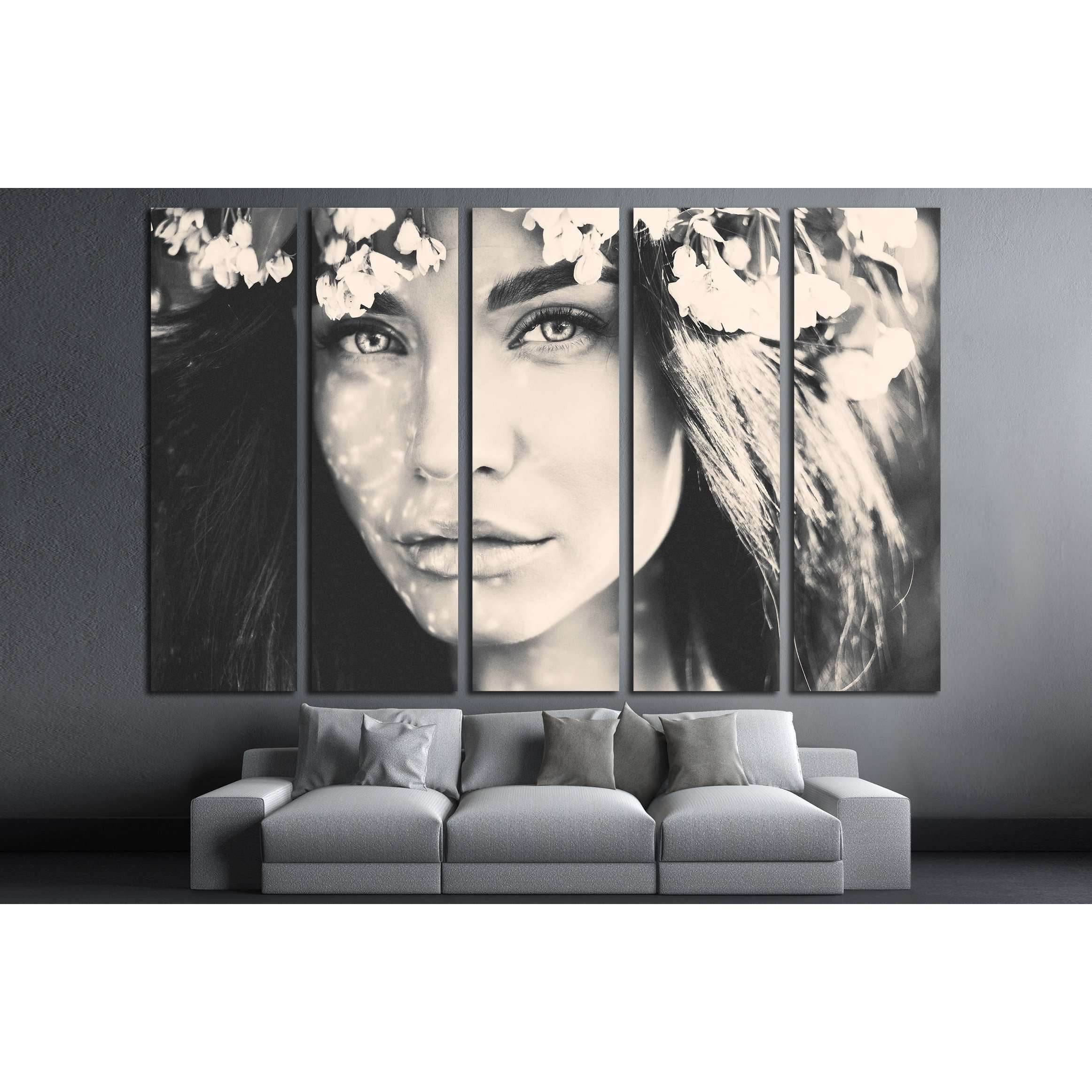 Black and white portrait of beautiful romantic lady in a wreath of apple trees №2778 Ready to Hang Canvas PrintCanvas art arrives ready to hang, with hanging accessories included and no additional framing required. Every canvas print is hand-crafted, made