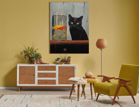 Black Cat and Goldfish - Canvas Print - Artoholica Ready to Hang Canvas Print