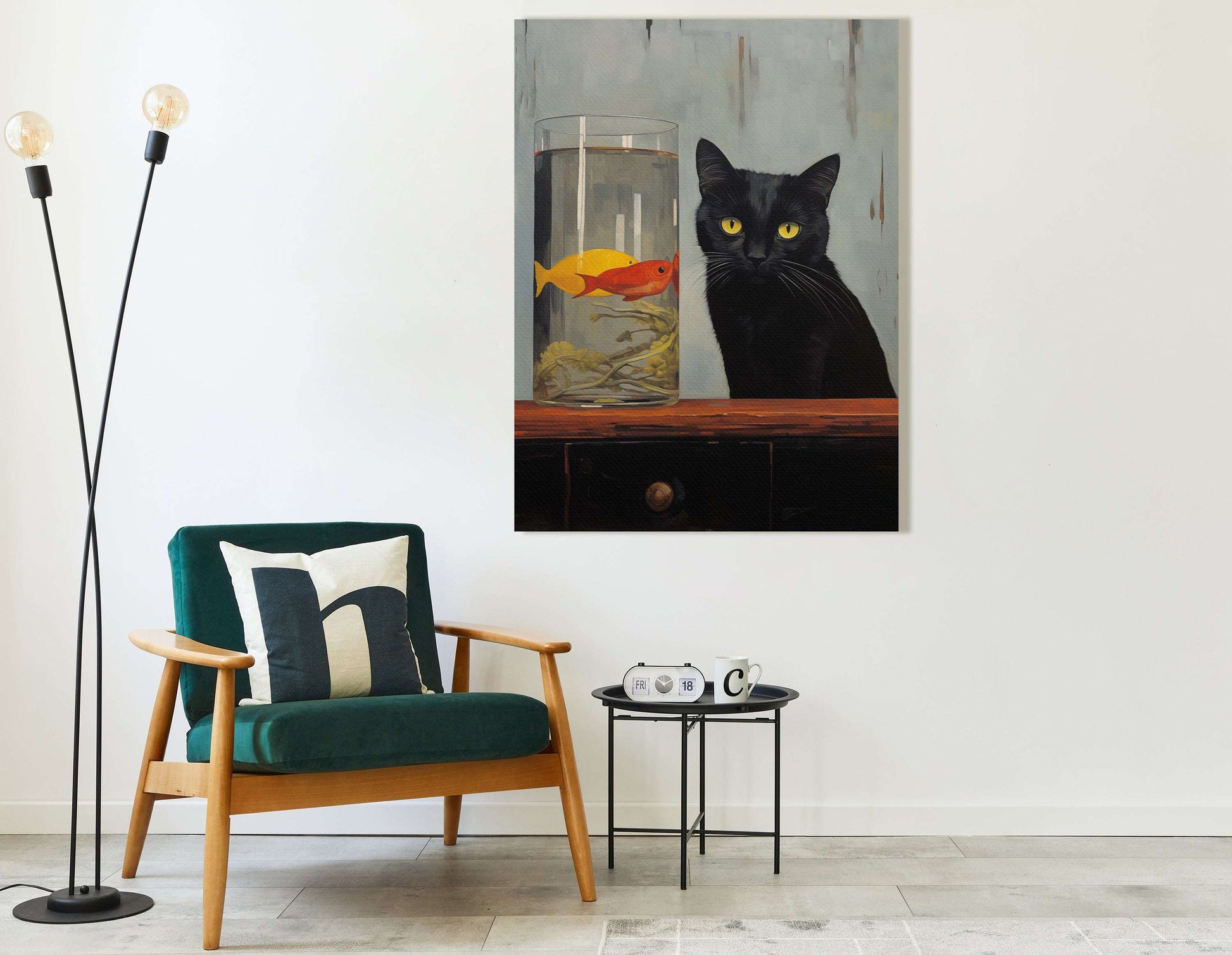 Black Cat and Goldfish - Canvas Print - Artoholica Ready to Hang Canvas Print