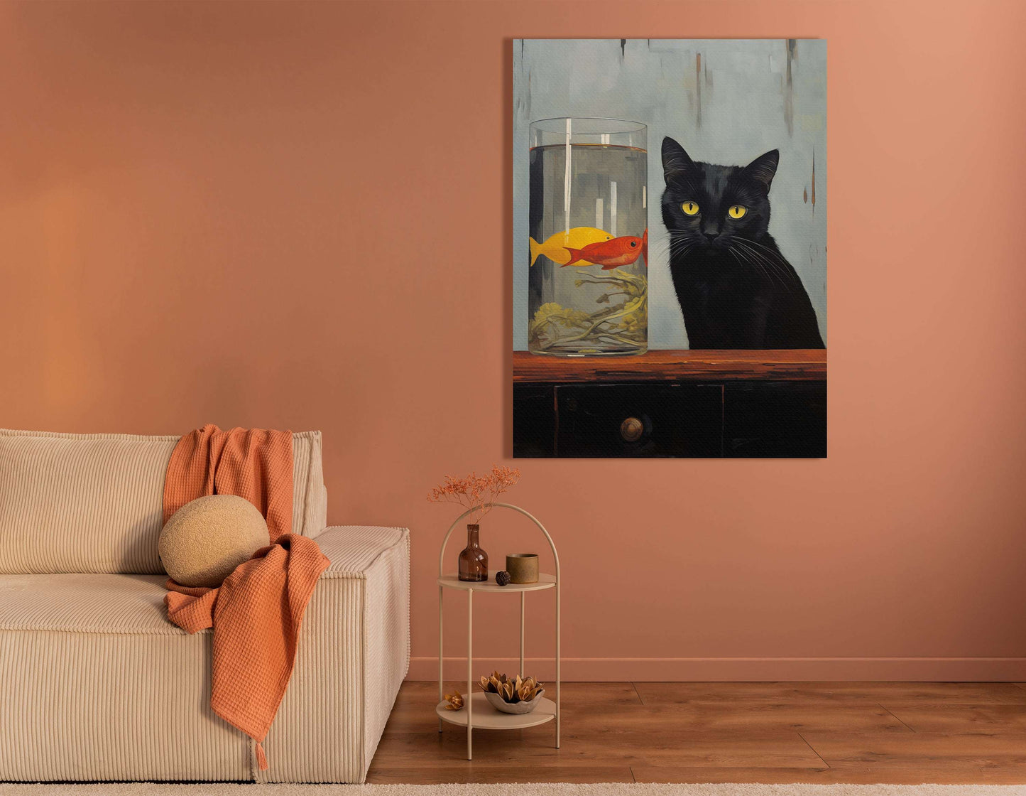 Black Cat and Goldfish - Canvas Print - Artoholica Ready to Hang Canvas Print