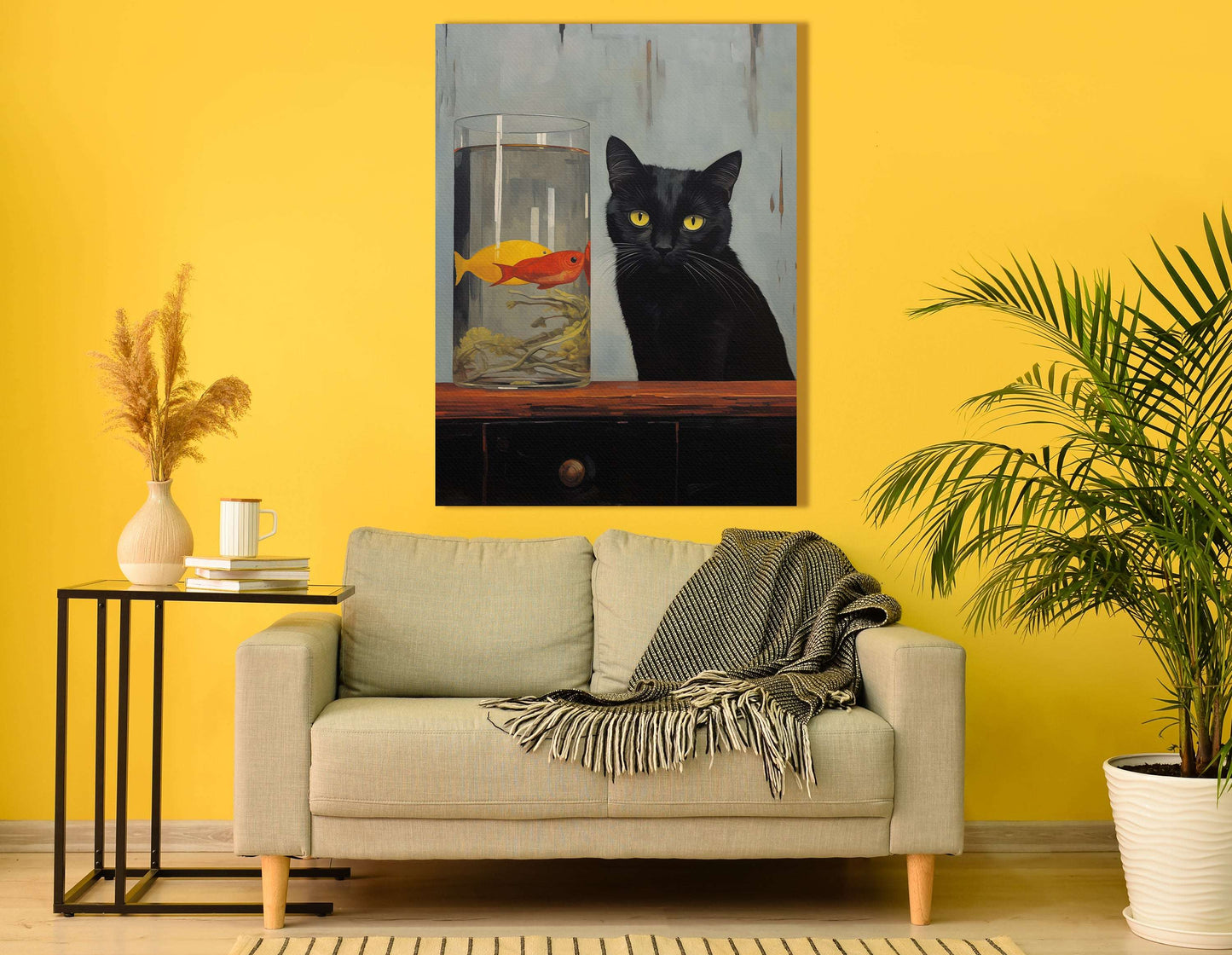 Black Cat and Goldfish - Canvas Print - Artoholica Ready to Hang Canvas Print