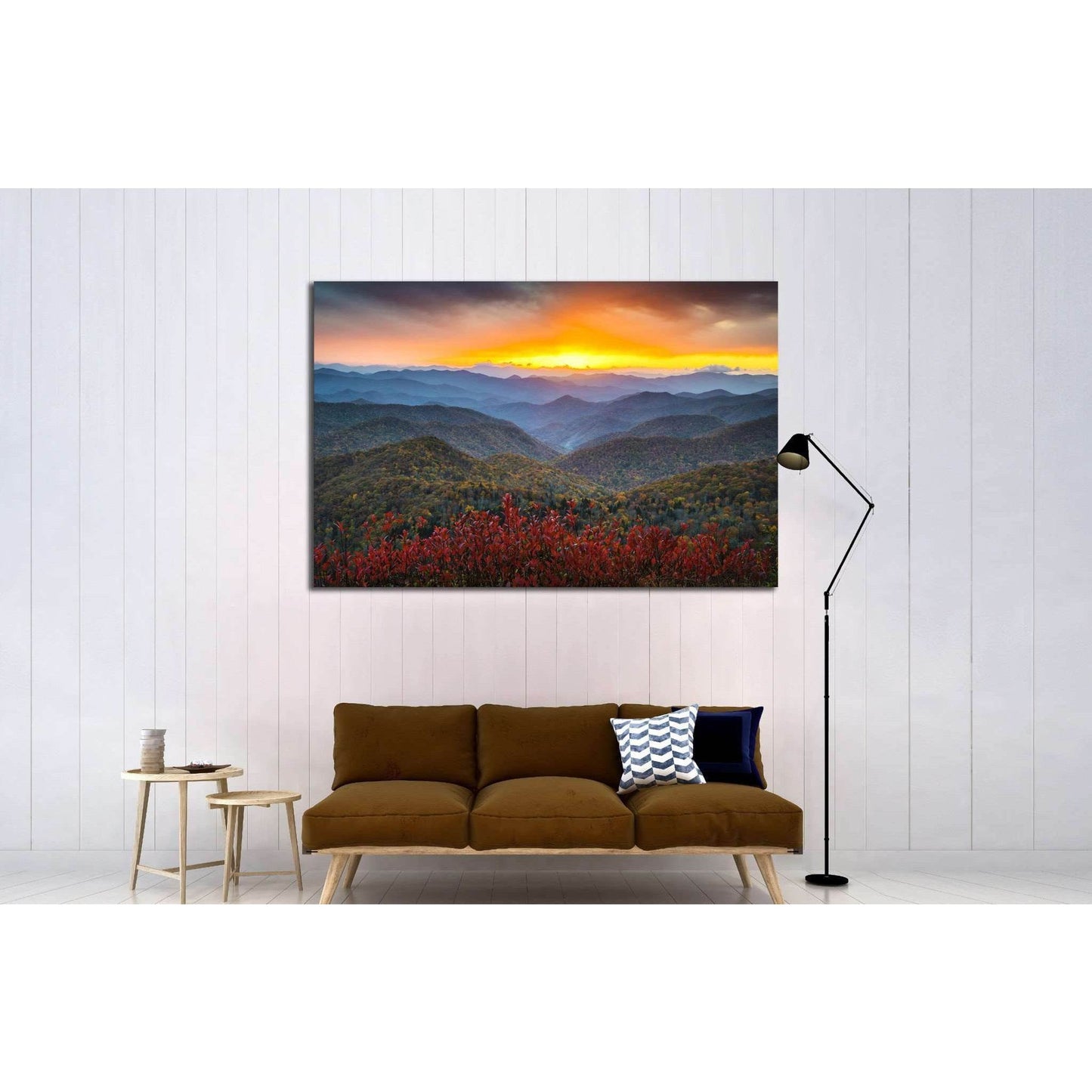 Autumn Sunset Over Mountains Canvas Print for Warm Home DecorThis canvas print portrays a vibrant autumnal sunset over a mountain range, with the warm colors of the foliage providing a stark contrast against the cool blues of the distant peaks, creating a