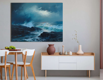 Blue Sea Waves Striking the Coast - Canvas Print - Artoholica Ready to Hang Canvas Print