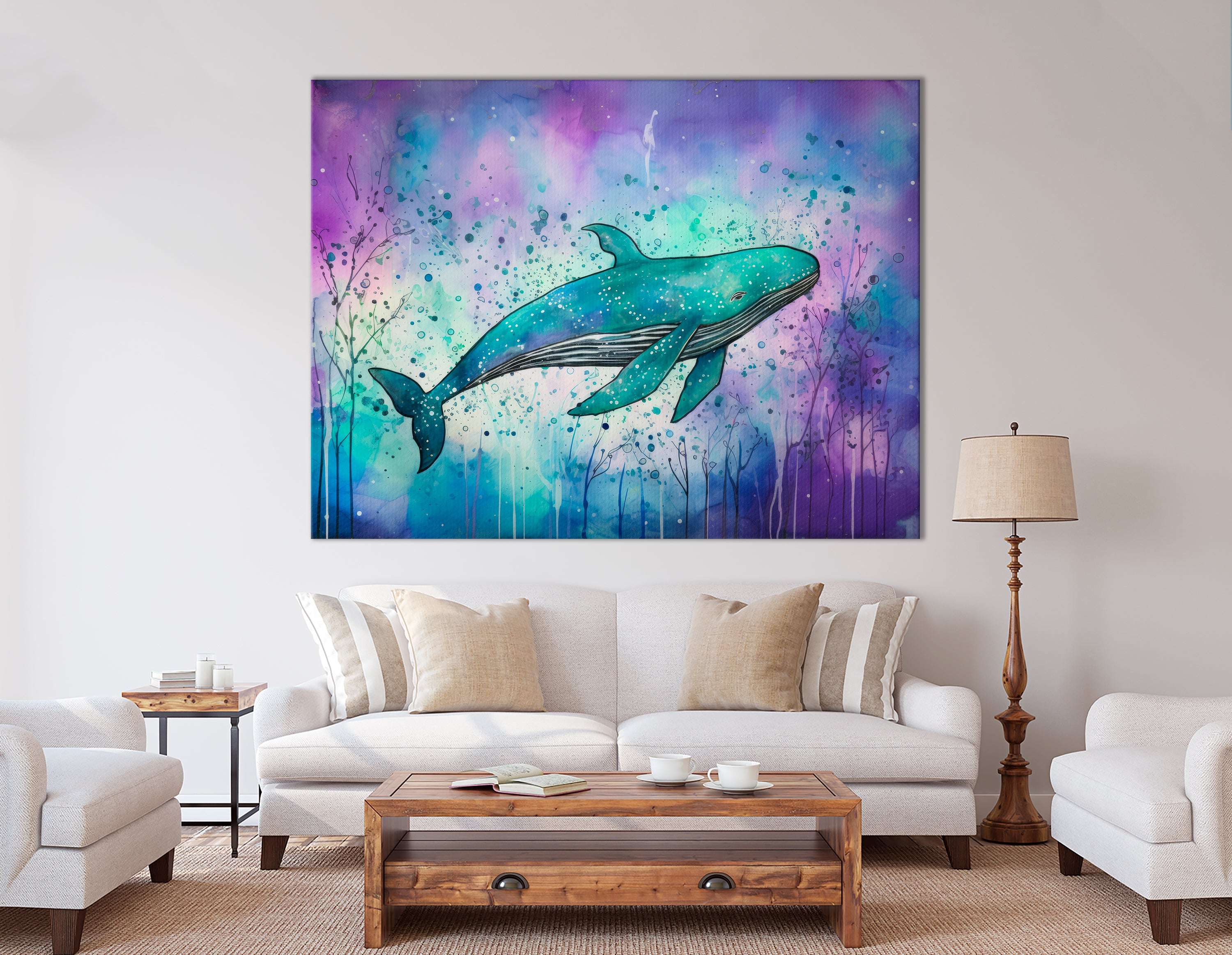 Blue Whale on Aquamarine & Purple - Canvas Print - Artoholica Ready to Hang Canvas Print
