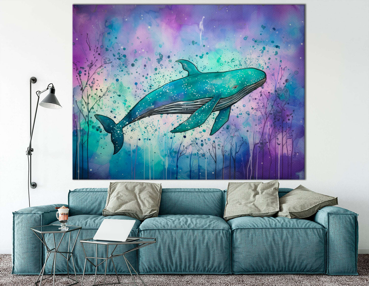 Blue Whale on Aquamarine & Purple - Canvas Print - Artoholica Ready to Hang Canvas Print