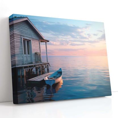 Boat at White Boathouse - Canvas Print - Artoholica Ready to Hang Canvas Print