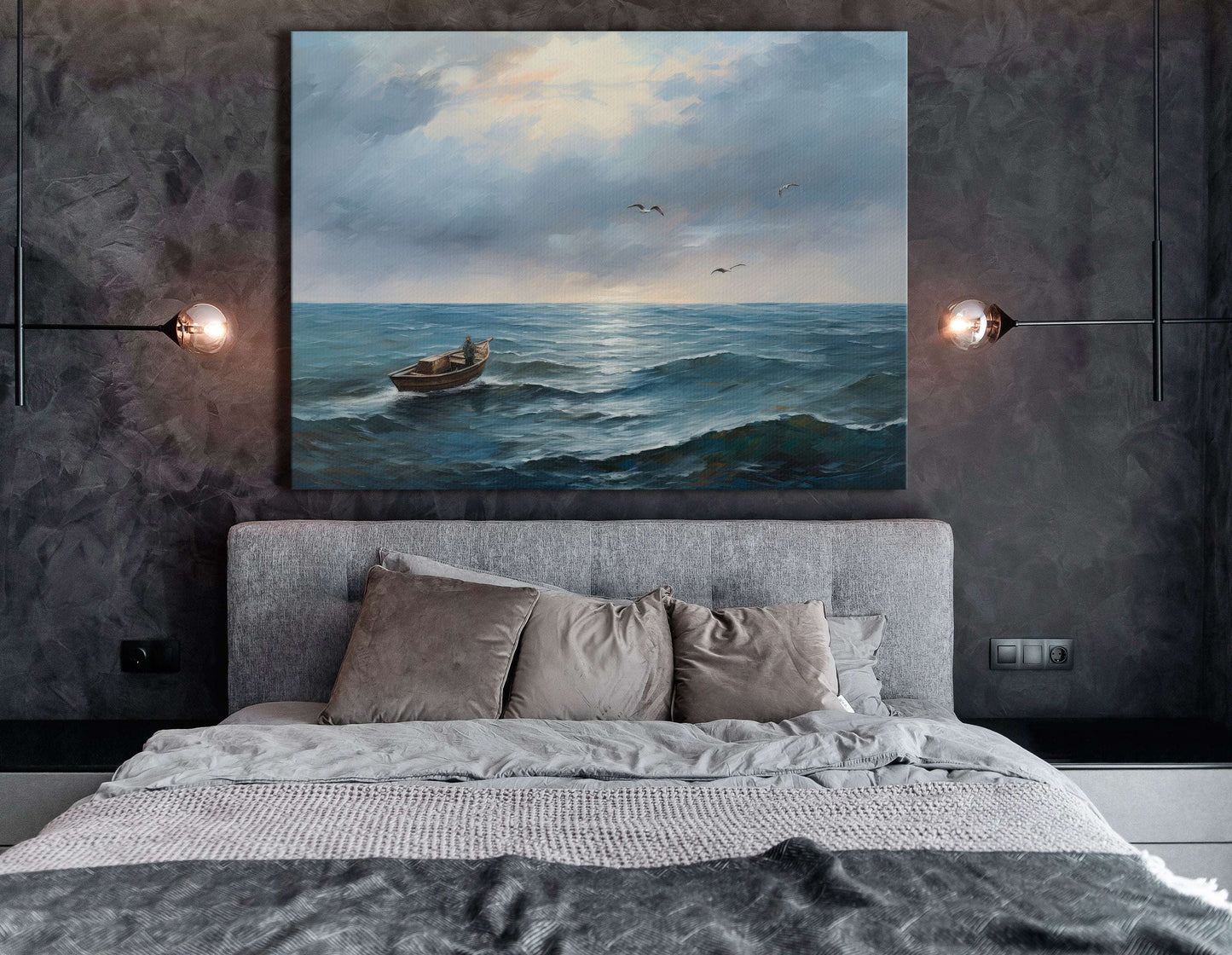 Boat Journeying under a Grey Sky - Canvas Print - Artoholica Ready to Hang Canvas Print