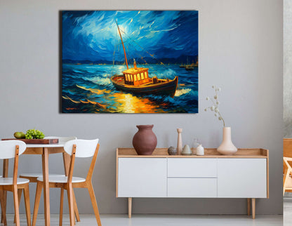 Boat Struggling Against Turbulent Blue Waves - Canvas Print - Artoholica Ready to Hang Canvas Print