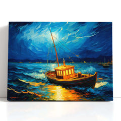 Boat Struggling Against Turbulent Blue Waves - Canvas Print - Artoholica Ready to Hang Canvas Print