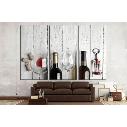 Bottles of wine, glass and corkscrew on wooden table №1919 Ready to Hang Canvas PrintCanvas art arrives ready to hang, with hanging accessories included and no additional framing required. Every canvas print is hand-crafted, made on-demand at our workshop