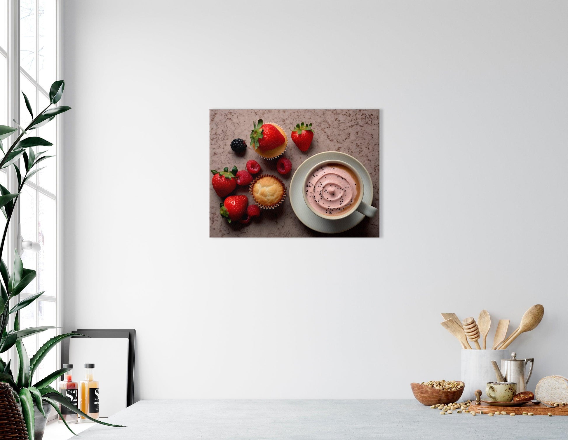 Breakfast Bliss: Coffee, Strawberries, and Cupcake - Canvas Print - Artoholica Ready to Hang Canvas Print