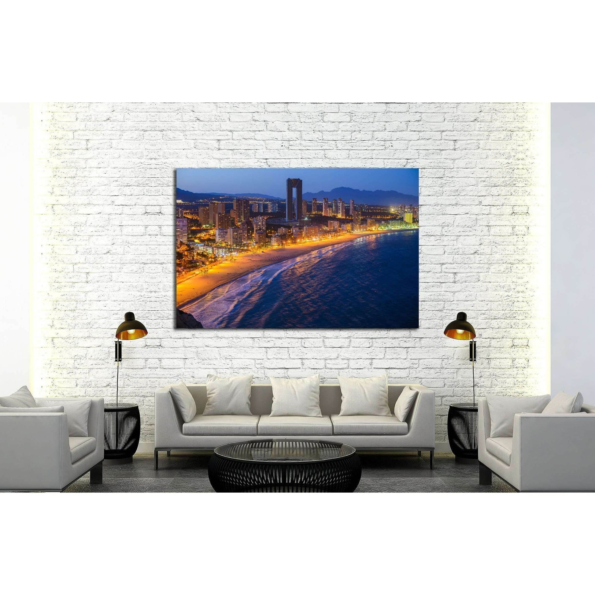 Breathtaking night view of the coastline in Benidorm with high buildings, mountains, sea and city lights №2209 Ready to Hang Canvas PrintCanvas art arrives ready to hang, with hanging accessories included and no additional framing required. Every canvas p