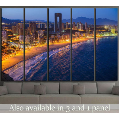 Breathtaking night view of the coastline in Benidorm with high buildings, mountains, sea and city lights №2209 Ready to Hang Canvas PrintCanvas art arrives ready to hang, with hanging accessories included and no additional framing required. Every canvas p