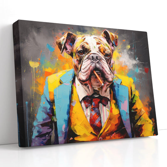 Bulldog in a Suit and Tie, Smoking a Cigar - Canvas Print - Artoholica Ready to Hang Canvas Print