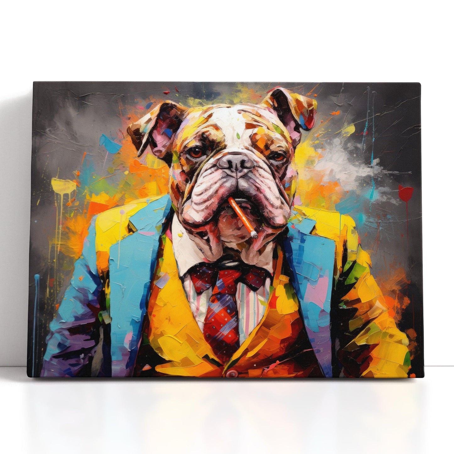 Bulldog in a Suit and Tie, Smoking a Cigar - Canvas Print - Artoholica Ready to Hang Canvas Print