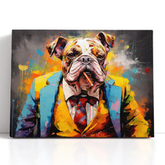 Bulldog in a Suit and Tie, Smoking a Cigar - Canvas Print - Artoholica Ready to Hang Canvas Print