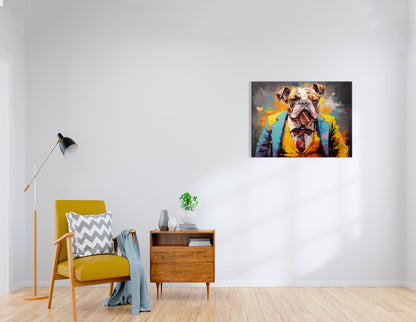 Bulldog in a Suit and Tie, Smoking a Cigar - Canvas Print - Artoholica Ready to Hang Canvas Print