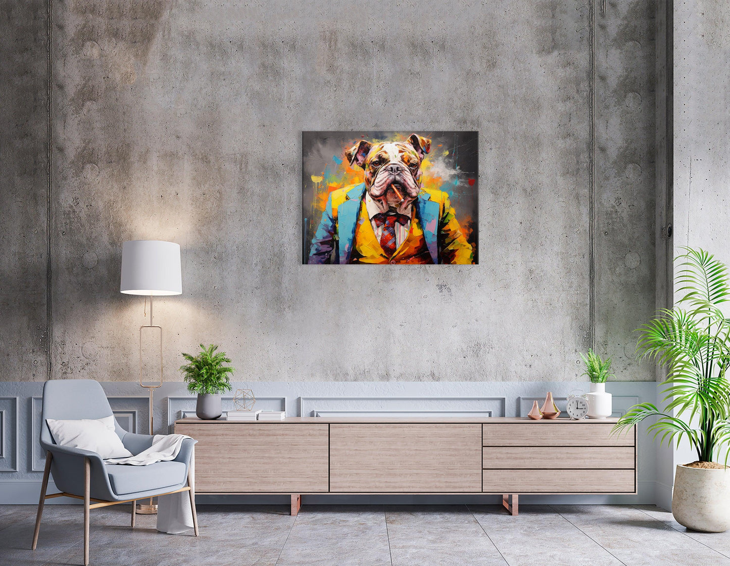 Bulldog in a Suit and Tie, Smoking a Cigar - Canvas Print - Artoholica Ready to Hang Canvas Print