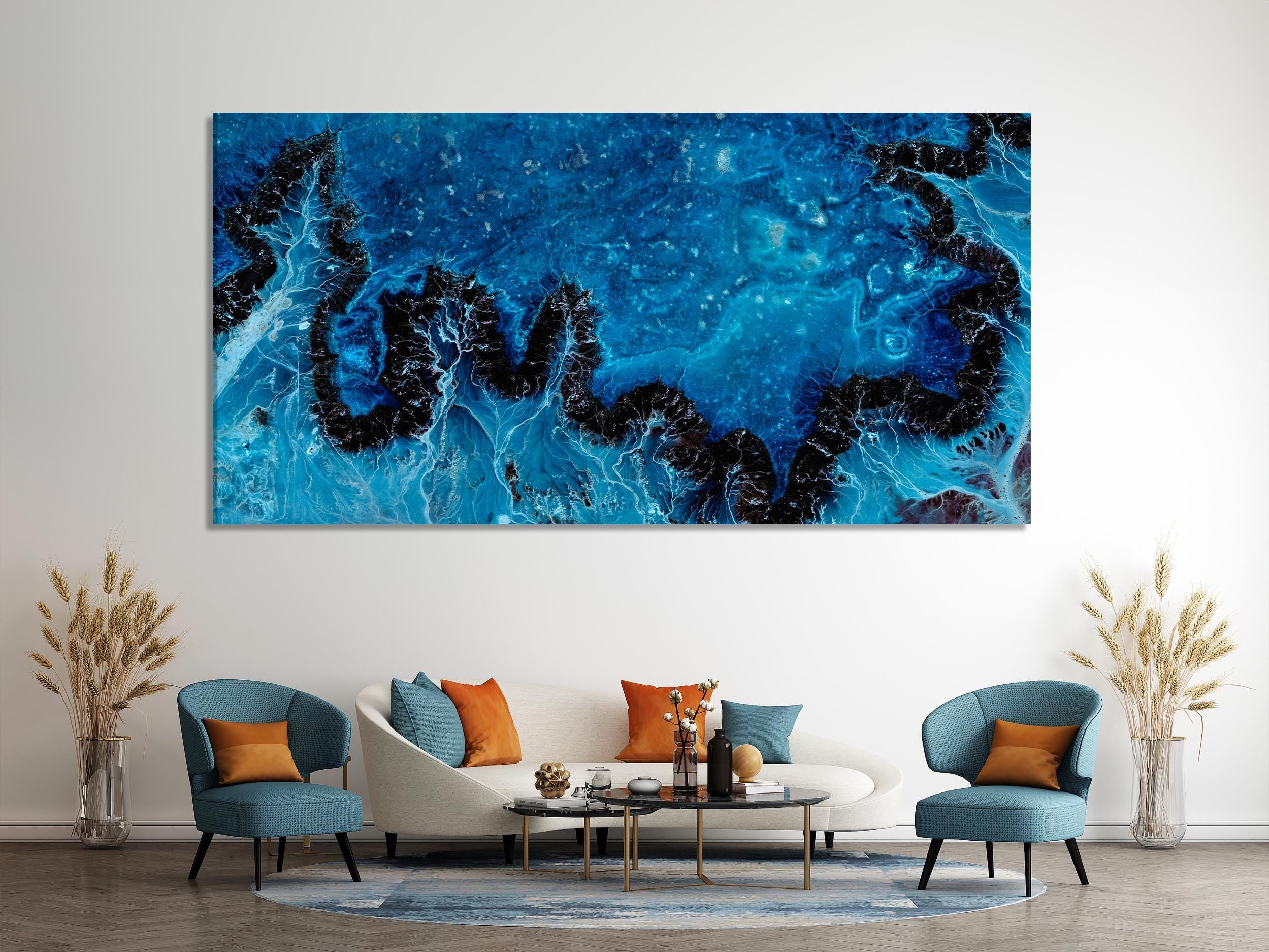 Deep Blue Abstract Canvas Print – Modern Marble Wall Art, Ocean Themed Art, Contemporary Wall Decor for Living Room , Blue Abstract Prints
