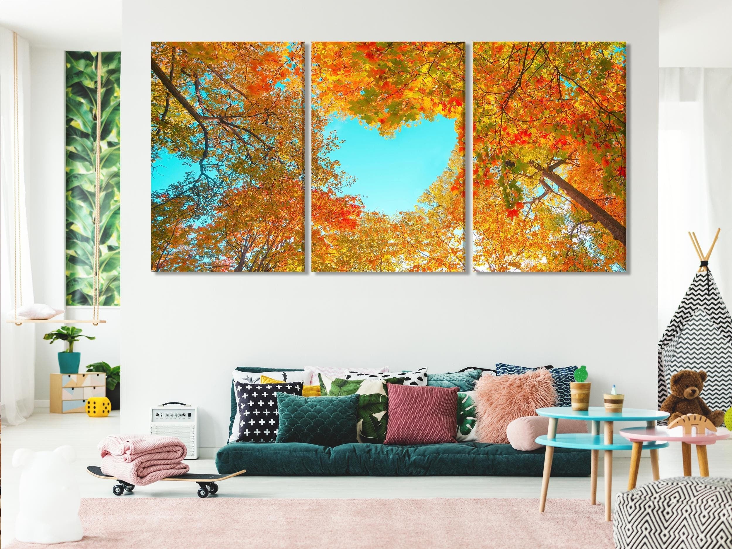 Autumn Forest Canopy Canvas Wall Art, 3-Panel Fall Leaves Print, Vibrant Nature Decor for Living Room, Colorful Fall Trees Wall Art Print