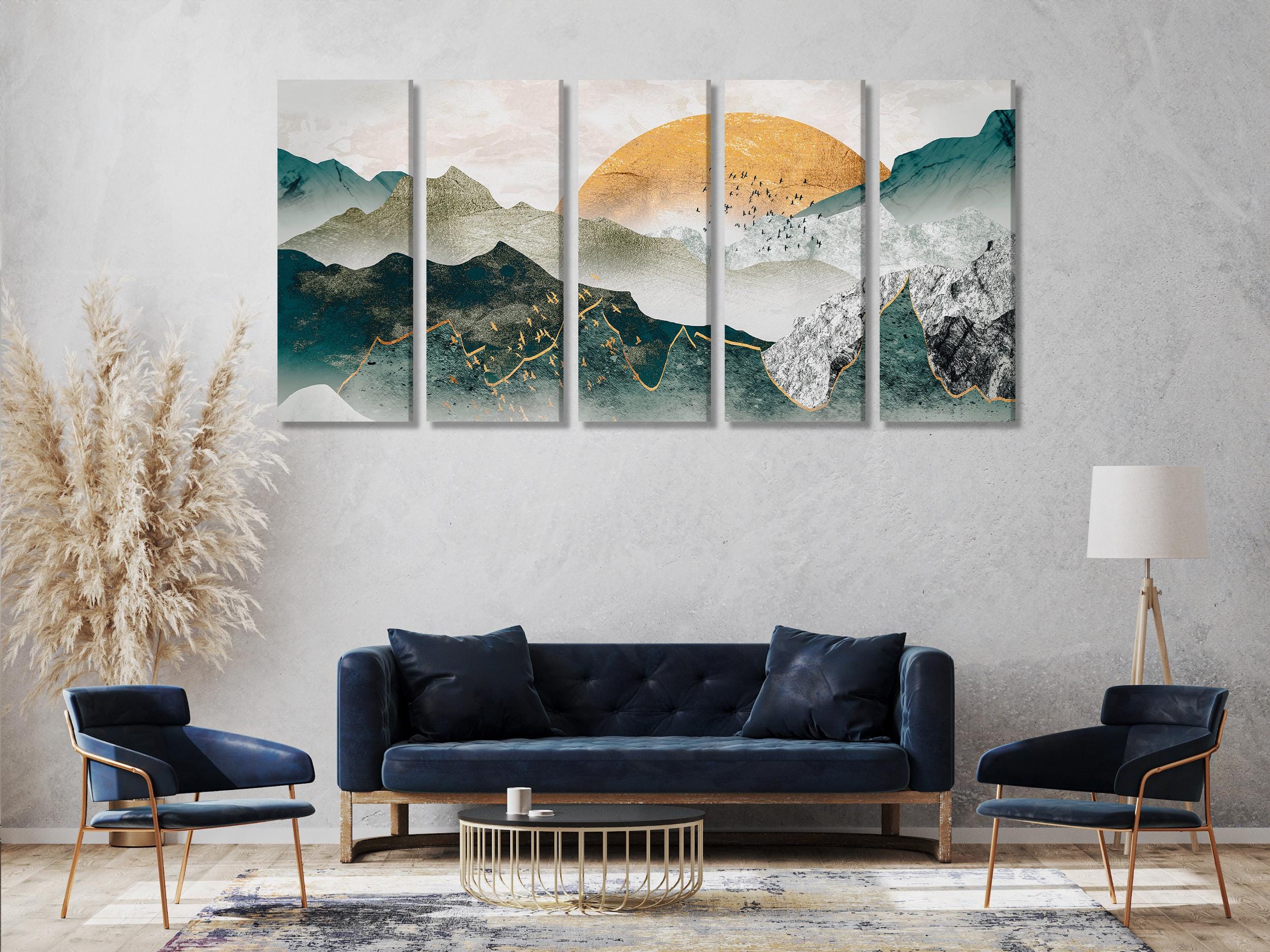 Striking layered peaks artwork adorned with metallic detailing and a bold sun motif, transformed into a refined wall art canvas print perfect for nature-inspired interiors.