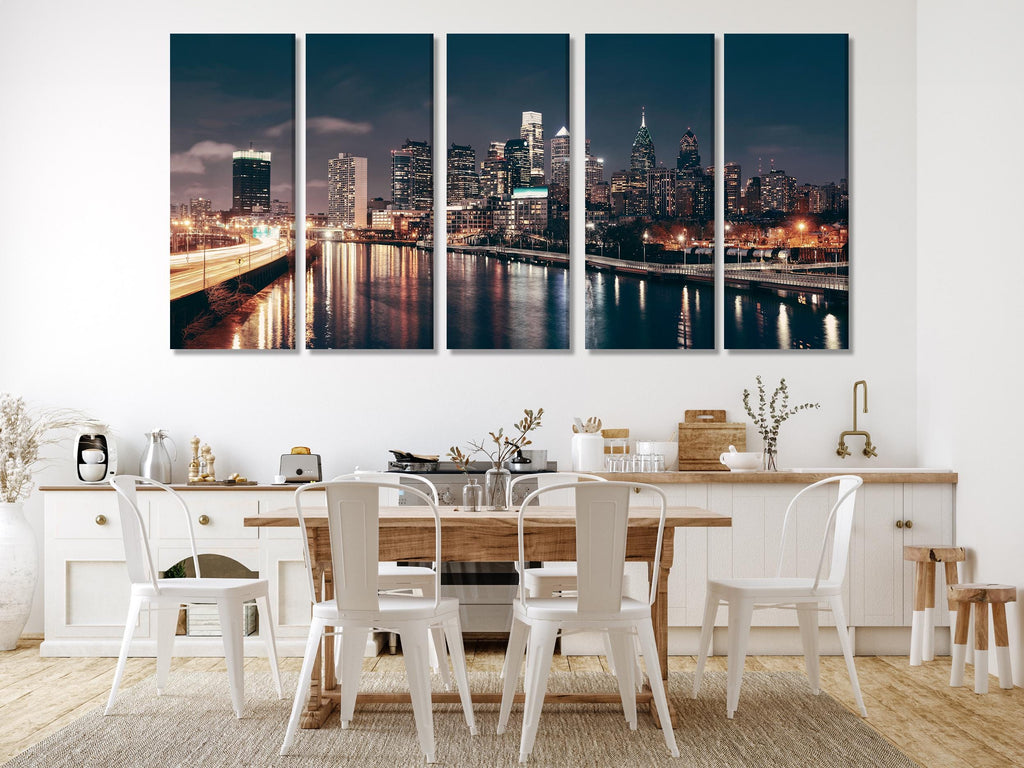 Philadelphia Skyline Canvas Wall Art, Night Cityscape Multi-Panel Print, Urban Downtown Decor, Modern City Lights Art, Large Philly Wall Art