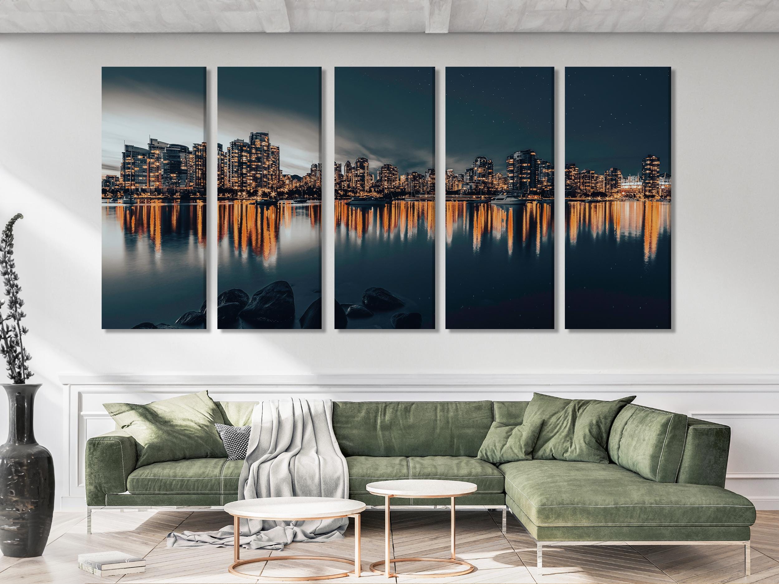 Refined Vancouver cityscape painting highlighting glowing high-rises along the harbor, perfect as a stylish wall art piece for modern interiors.