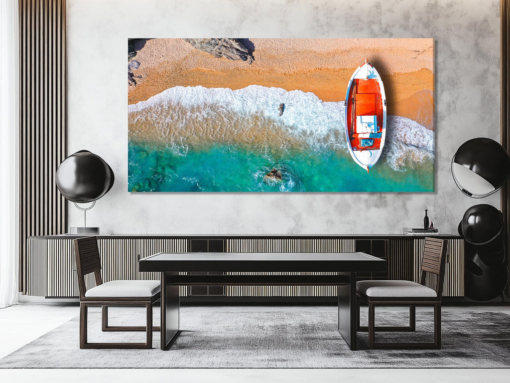 Aegean Island Fishing Boat Canvas, Aerial View of Greek Boat on Turquoise Sea, Crystal Clear Water Wall Art, Coastal Greek Decor Triptych