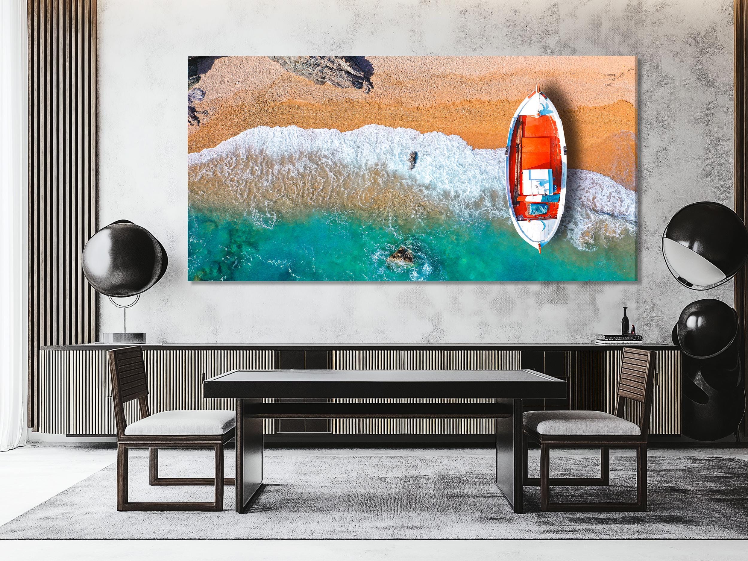 Aegean Island Fishing Boat Canvas, Aerial View of Greek Boat on Turquoise Sea, Crystal Clear Water Wall Art, Coastal Greek Decor Triptych