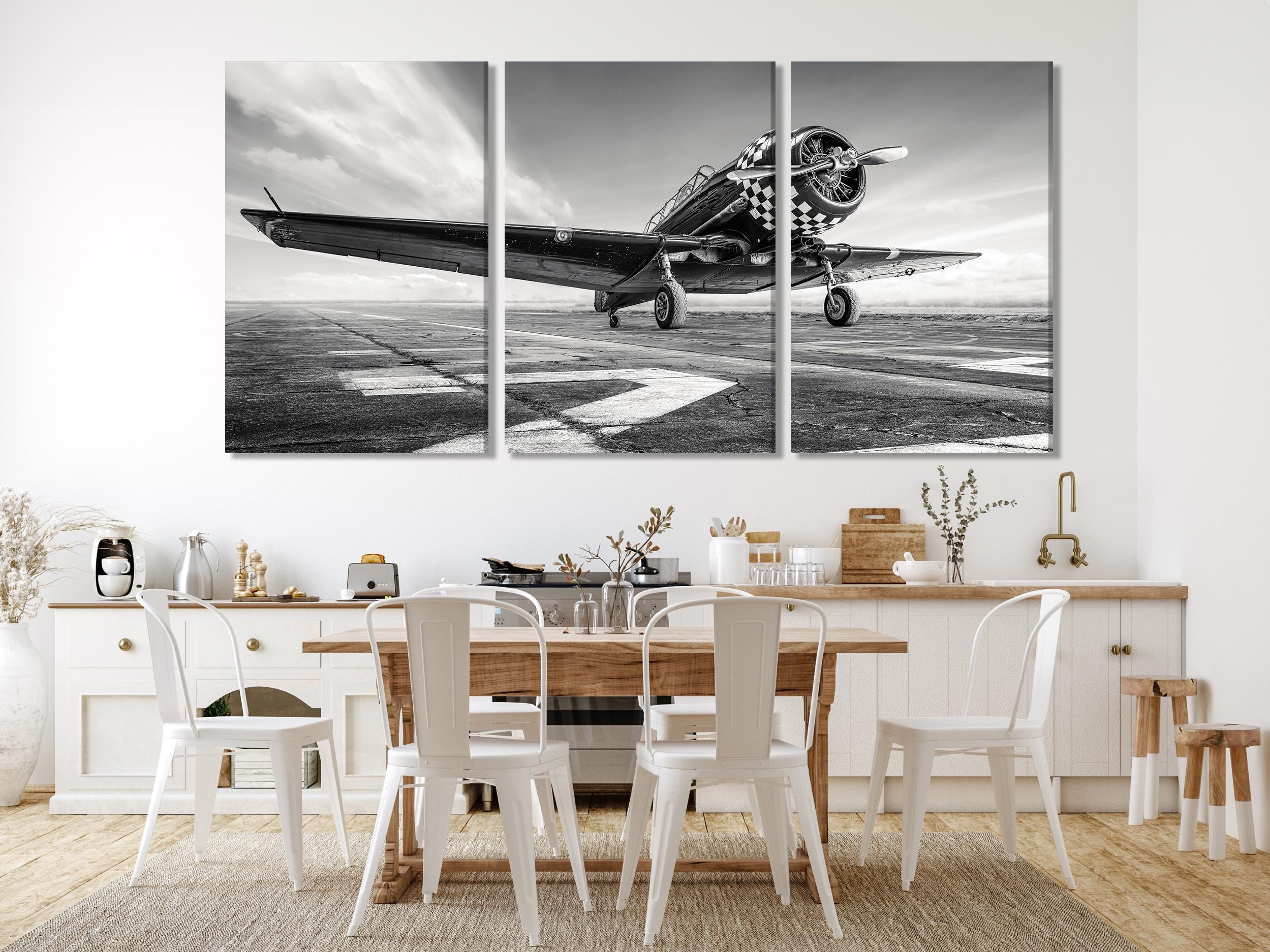 Vintage Airplane Canvas Print, Black and White Aviation Wall Art, Retro Aircraft Decor, Large Runway Scene, Modern Industrial Art for Office