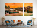 Hoi An, Vietnam — Art mural sur toile, impression sur toile du coucher de soleil sur la rivière, décor de paysage asiatique, œuvre moderne en 3 panneaux, scène traditionnelle de bateaux sur toile imprimée
