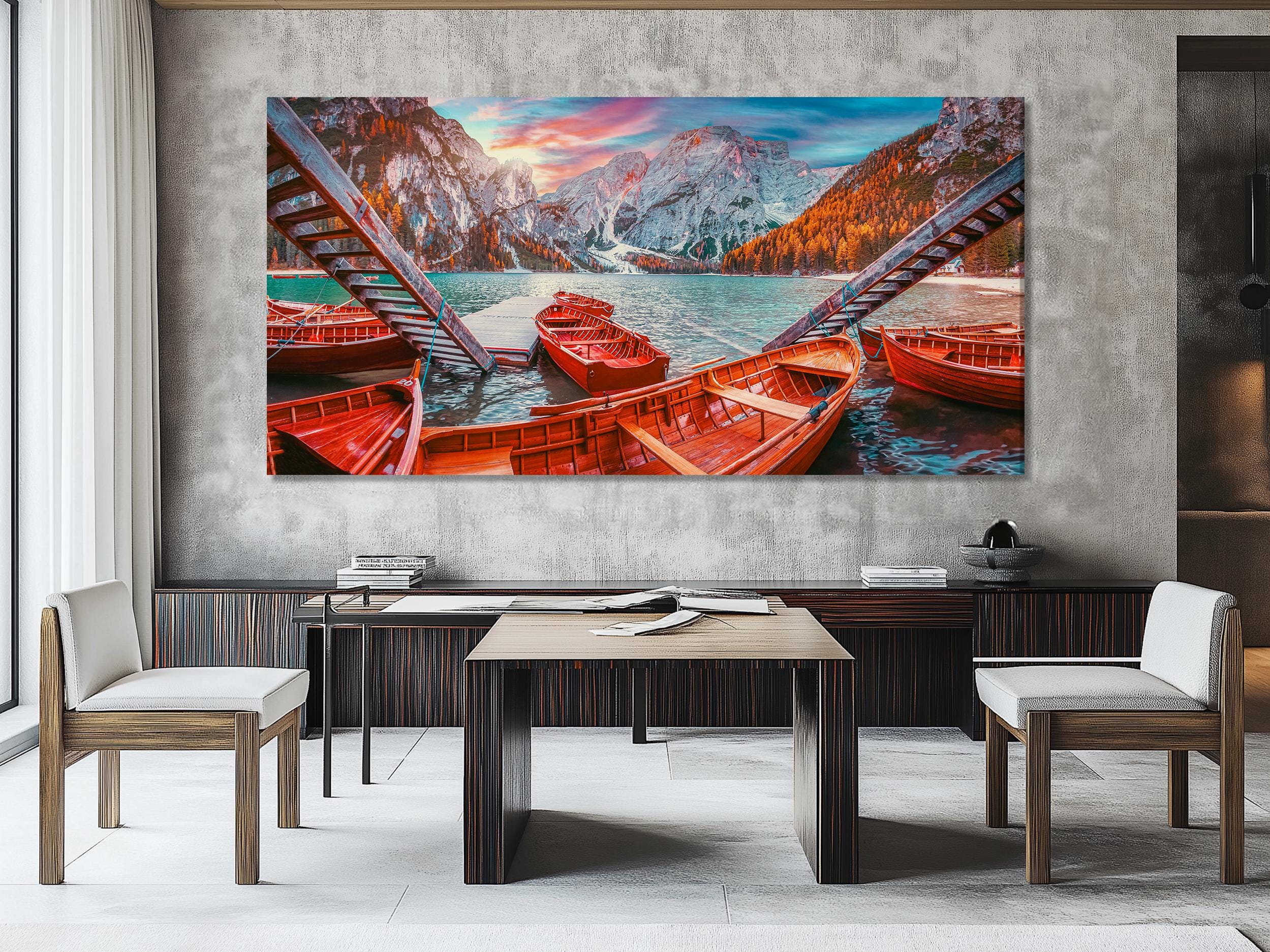 Alpine Lake Wall Art Lago di Braies Canvas Print Dolomites Mountain Art Landscape Print Large 5 Panel Alps Artwork Print Nature Wall Decor