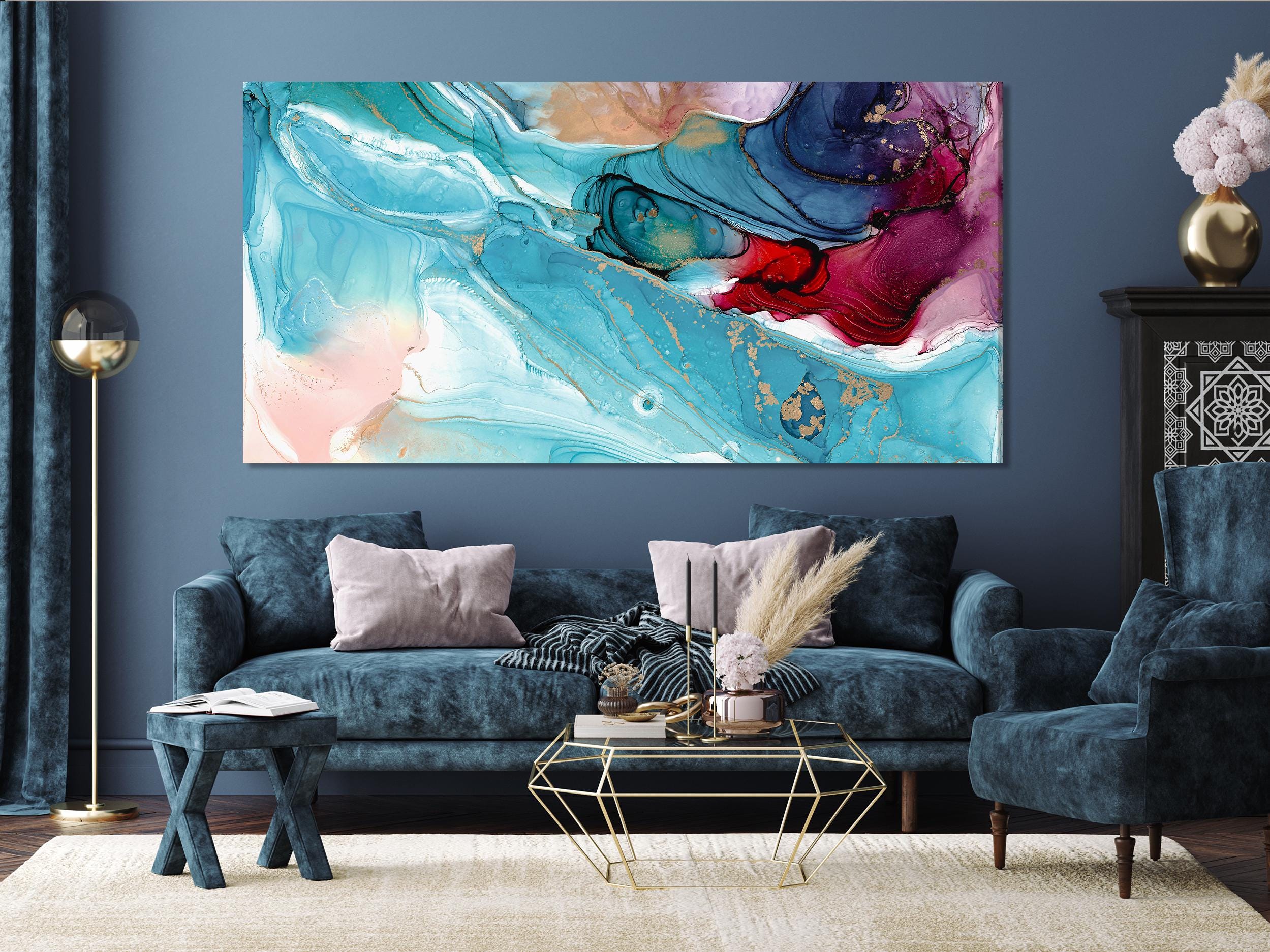 Abstract schilderij - vloeibaar kunstcanvas print, levendige blauwgroene en karmozijnrode wandkunst, moderne kleurrijke kunstdecoratie, hedendaagse kunstprint