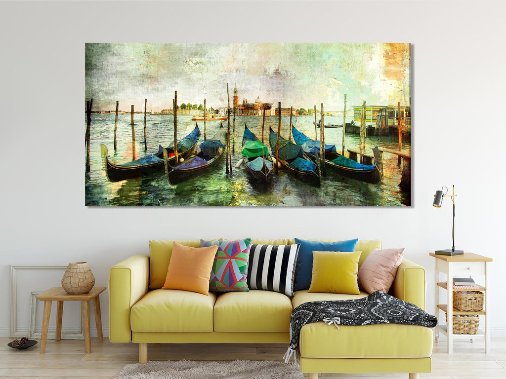 Stampa su tela con scena di barche in Italia e gondole veneziane, decorazione murale per soggiorno o ufficio, idea regalo ispirata ai viaggi