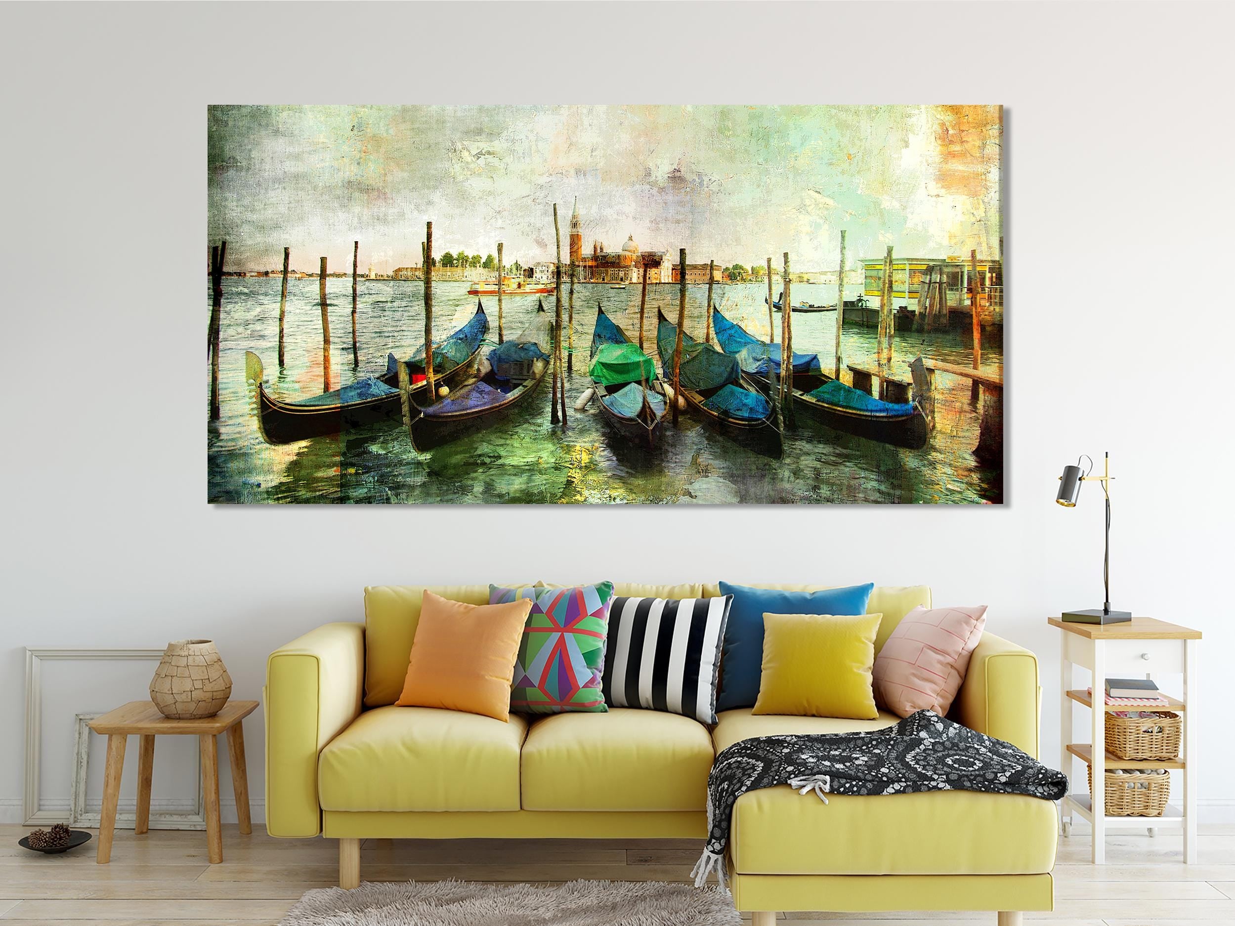 Stampa su tela con scena di barche in Italia e gondole veneziane, decorazione murale per soggiorno o ufficio, idea regalo ispirata ai viaggi