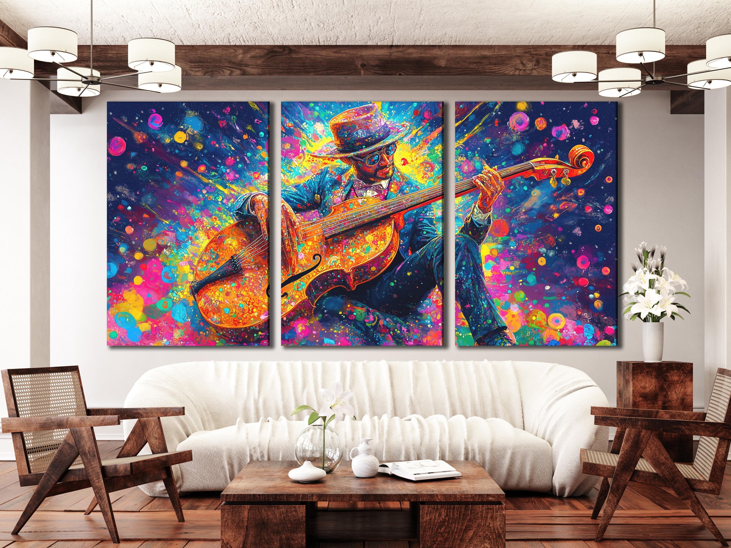 Jazzmuzikant Muurkunst Kleurrijke Bas Canvas Print Abstract Muziek Kunstwerk Cadeau voor Muziekliefhebbers Levendige Jazz Decor Woonkamer Studio Kunst