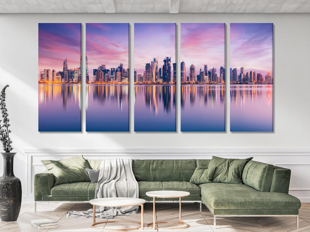 Striking Gulf city skyline captured in a premium canvas print, spotlighting shimmering high-rises and tranquil waters for a stunning artwork addition.
