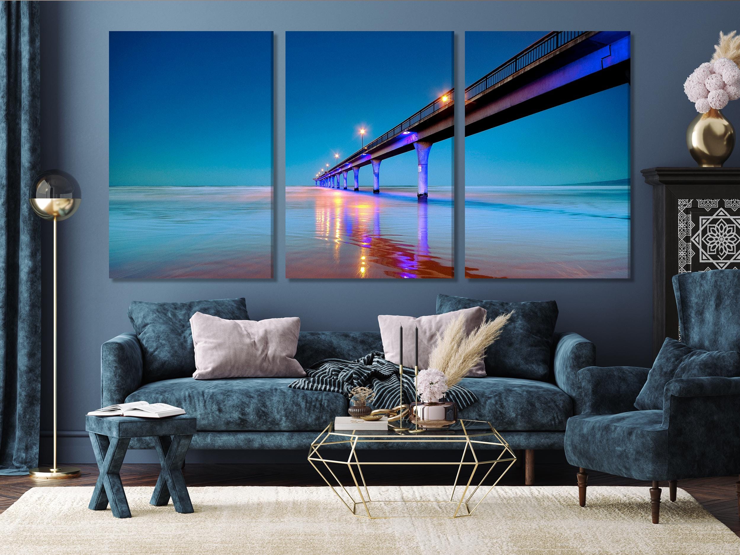 New Brighton Art Pier Canvas Print Large Coastal Wall Art Night Ocean View Artwork Modern New Zealand Beach Art Print Coastal Bedroom Decor