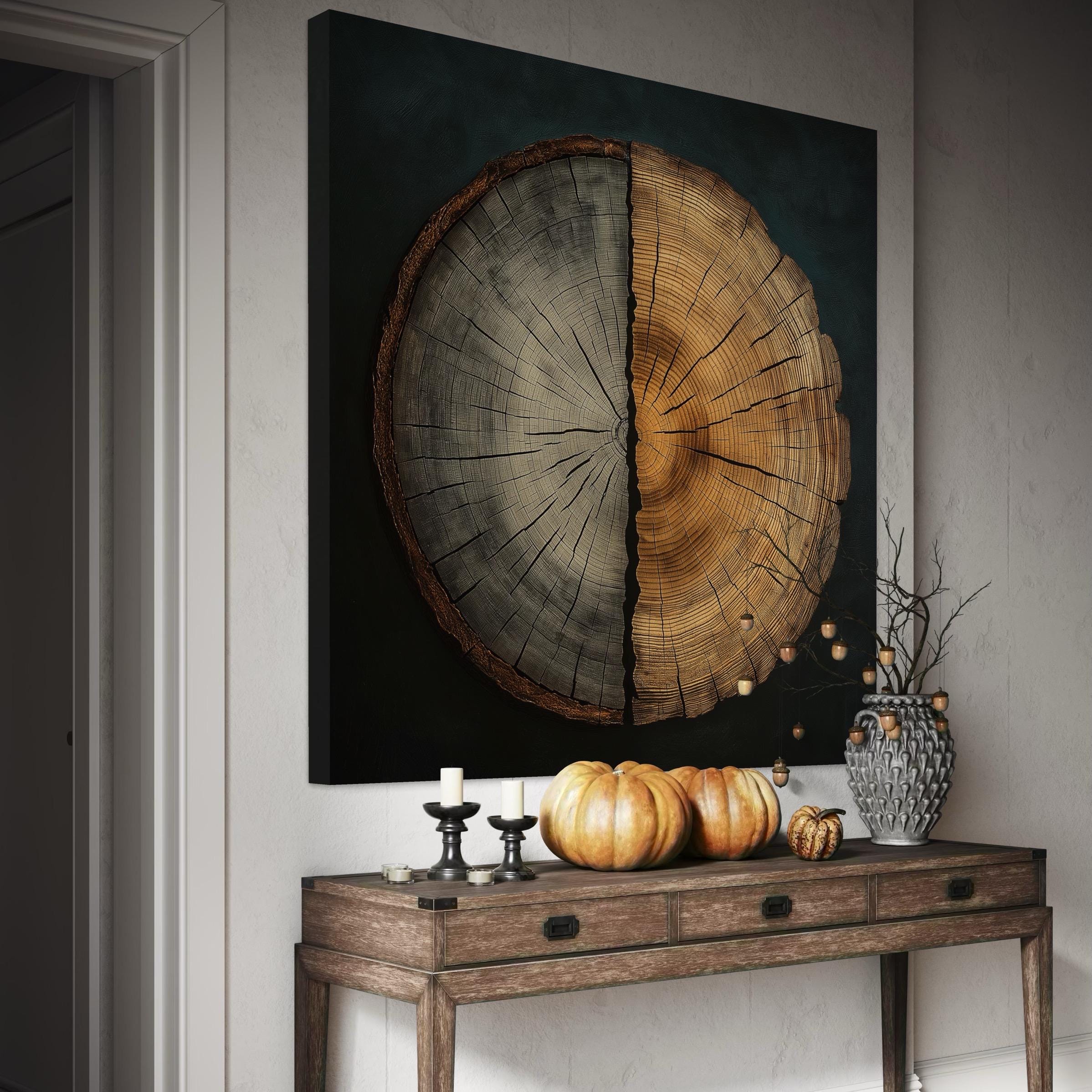 Baumring Wandkunst - Rustikales Innendekor, Holzstrukturkunst, neutrales Dekor, Baumringe Querschnitt Druck, Stamm Kunstwerk, Baumring Leinwand