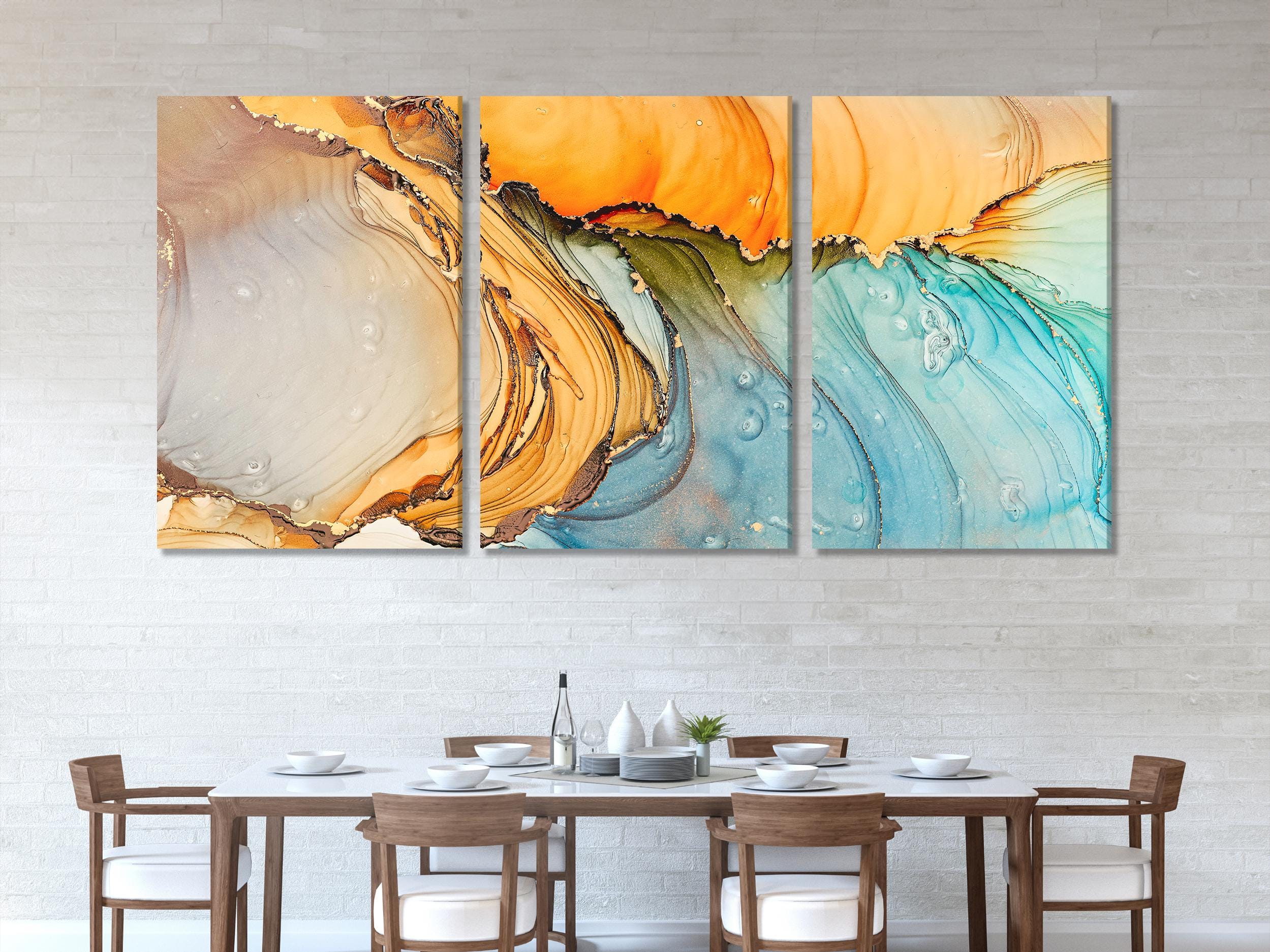 Blue & Yellow Abstract Art Orange Teal Marble Wall Art Large Modern Orange and Aqua Artwork Oversized Contemporary Print Kitchen Wall Decor