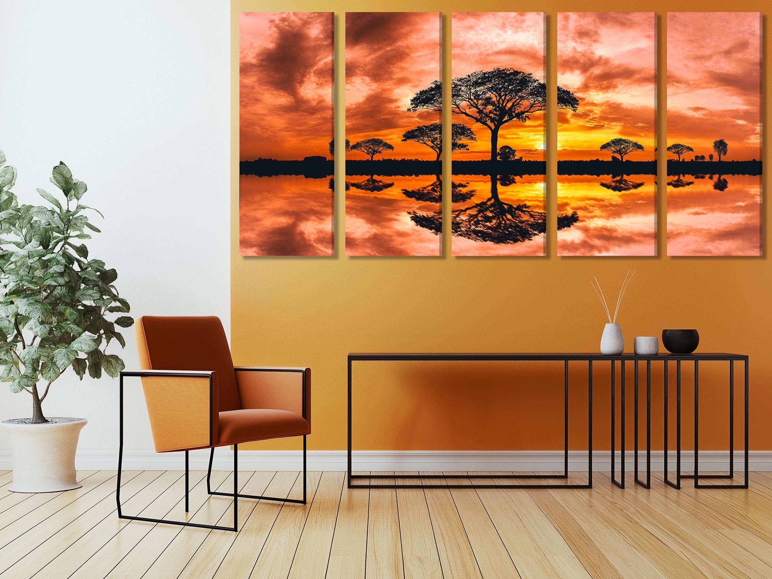 Impression sur toile African Sunset - Silhouette d'arbre murale, paysage du coucher de soleil dans le Serengeti, décoration nature orange vive, grande œuvre murale safari