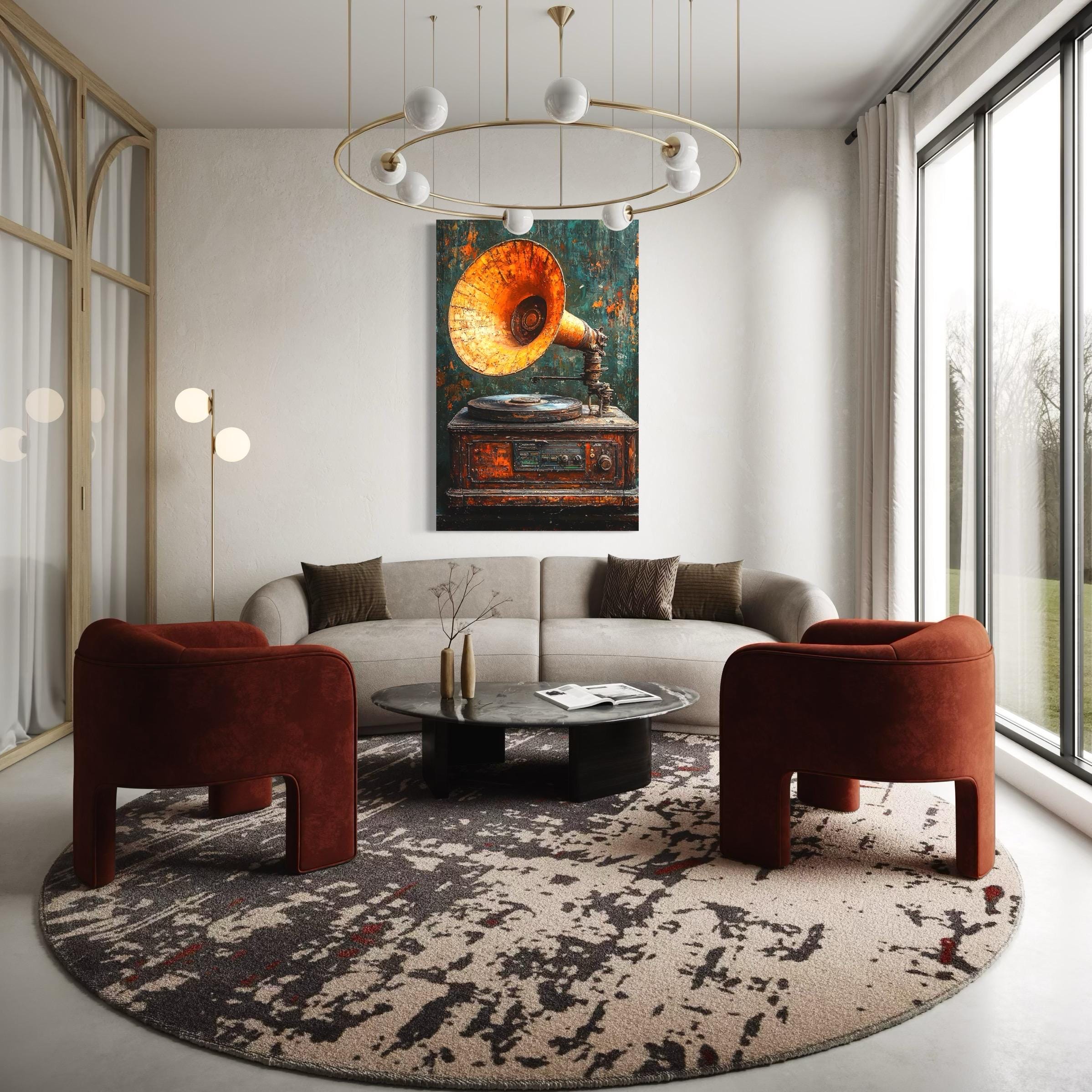 Vintage grammofoon wanddecoratie - rustieke muziekdecoratie, antieke vinylspeler canvas print, retro fonograaf kunstwerk, muzikant cadeau idee