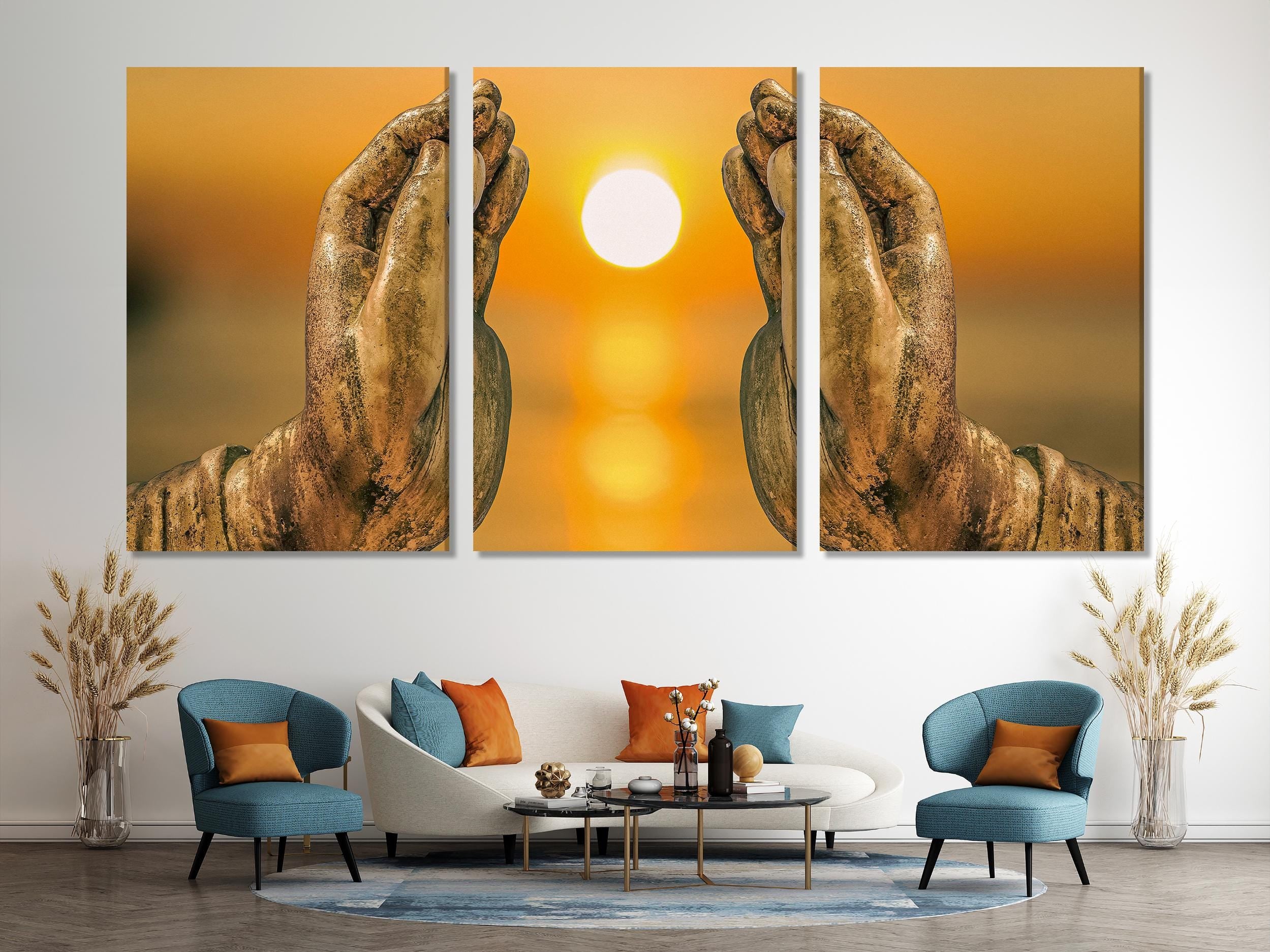 Buddha Hand Wall Art – Zen Sunset Canvas Print, Warm Tone Spa Wall Art, Large Meditative Wall Decor for Yoga Studio or Zen-Inspired Spaces