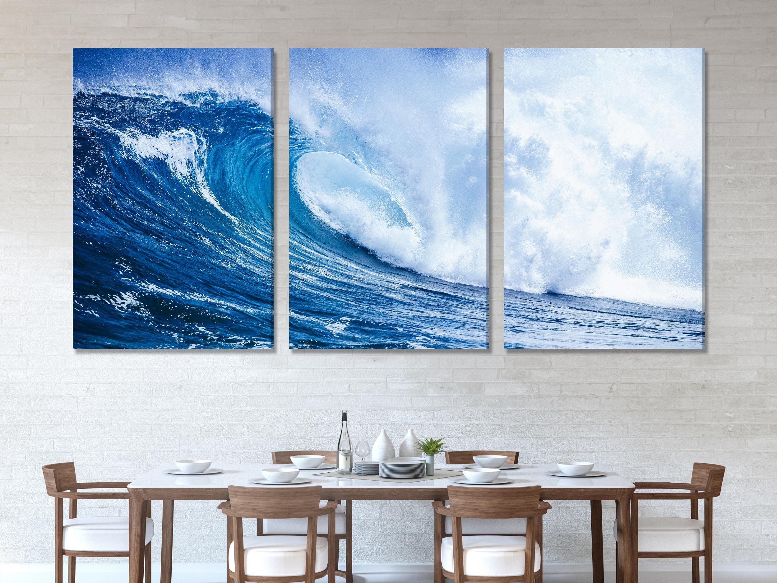 Captivating marine artwork highlighting crashing foam and rich navy hues, designed as a multi-panel wall art piece to elevate contemporary coastal painting décor.