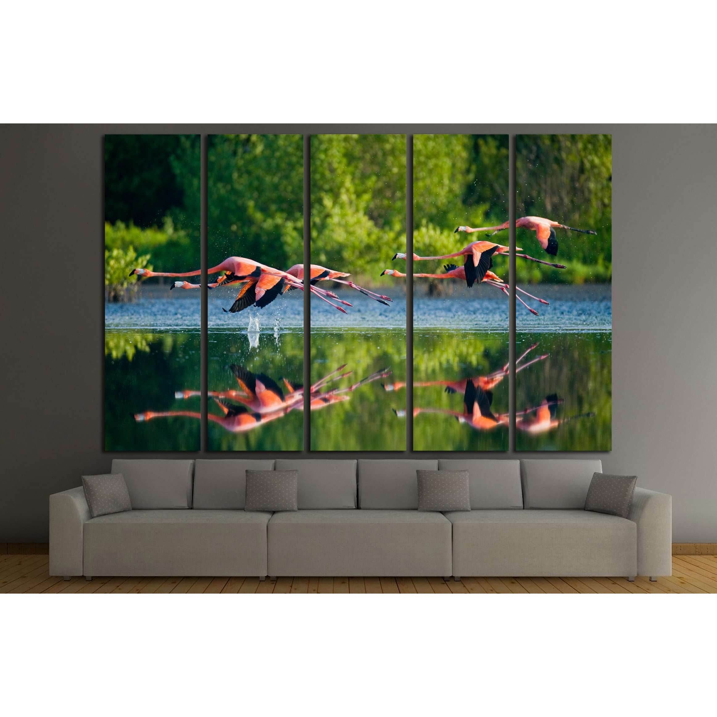 Caribbean flamingos flying over water with reflection. Cuba №3260 Ready to Hang Canvas PrintCanvas art arrives ready to hang, with hanging accessories included and no additional framing required. Every canvas print is hand-crafted, made on-demand at our w