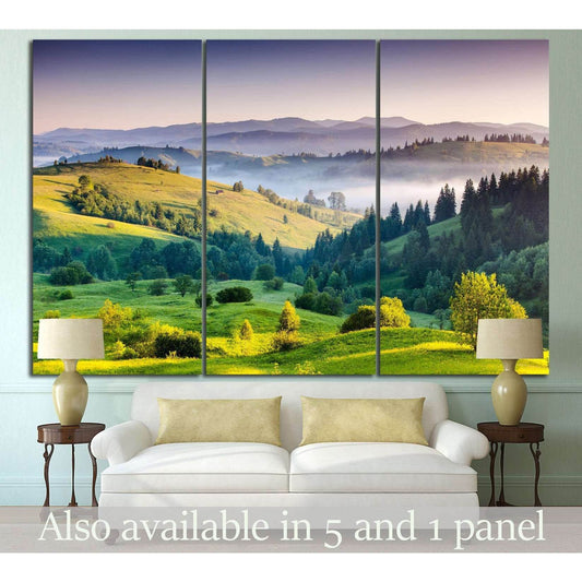 Carpathian Sunrise Landscape Canvas for Cozy Living Room DecorThis canvas print captures the rolling hills and lush greenery of the Carpathian landscape bathed in the soft light of dawn. The warm golden hues and layers of mist create a serene and inviting