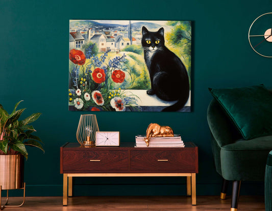 Cat Overlooking Poppy Garden - Canvas Print - Artoholica Ready to Hang Canvas Print