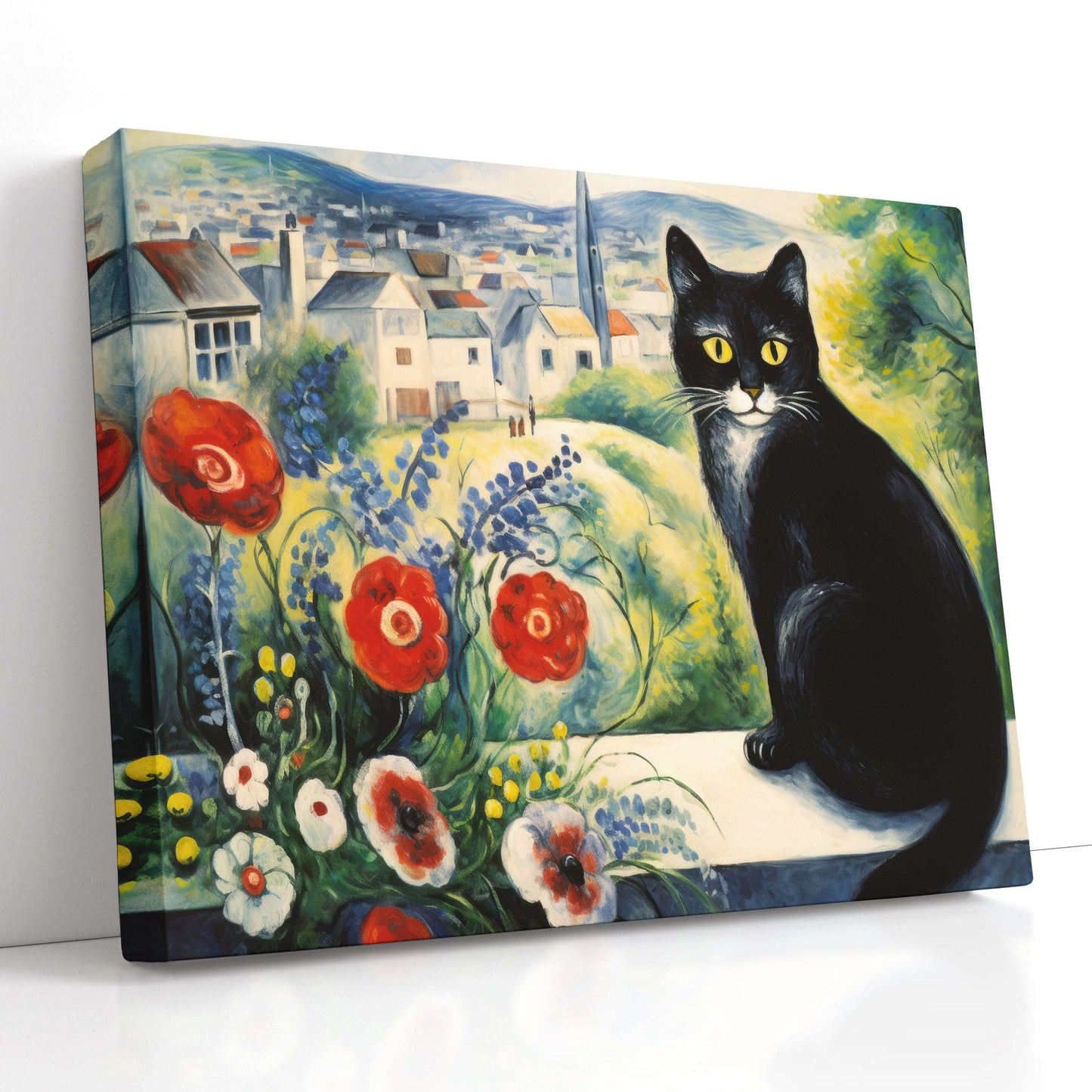 Cat Overlooking Poppy Garden - Canvas Print - Artoholica Ready to Hang Canvas Print